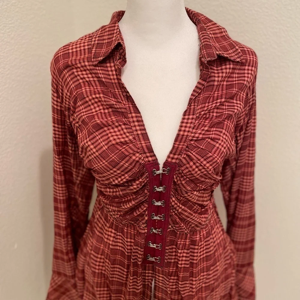 NWT Womens Size XS We The Free By Free People Shirt Dress Plaid Button Up Red‌‌‍ - Picture 9 of 11